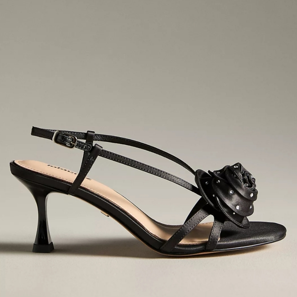 Lola Cruz 3D Gem Flower Slingback Heels - black